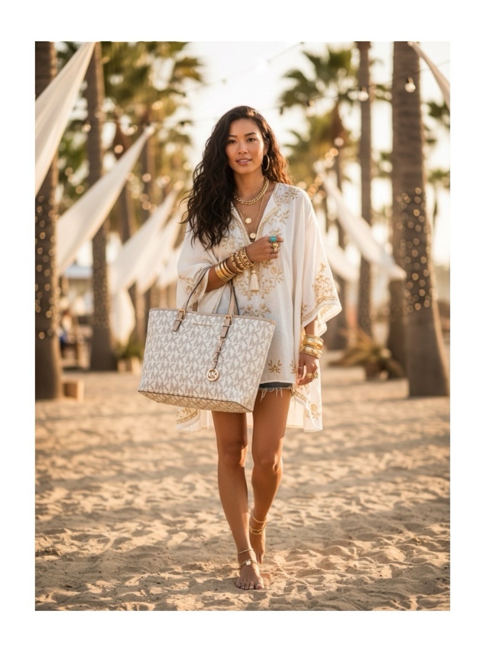 Michael Kors  Jet Set Med Logo Top Zip Tote Handbag  Vanilla Natural Leather 